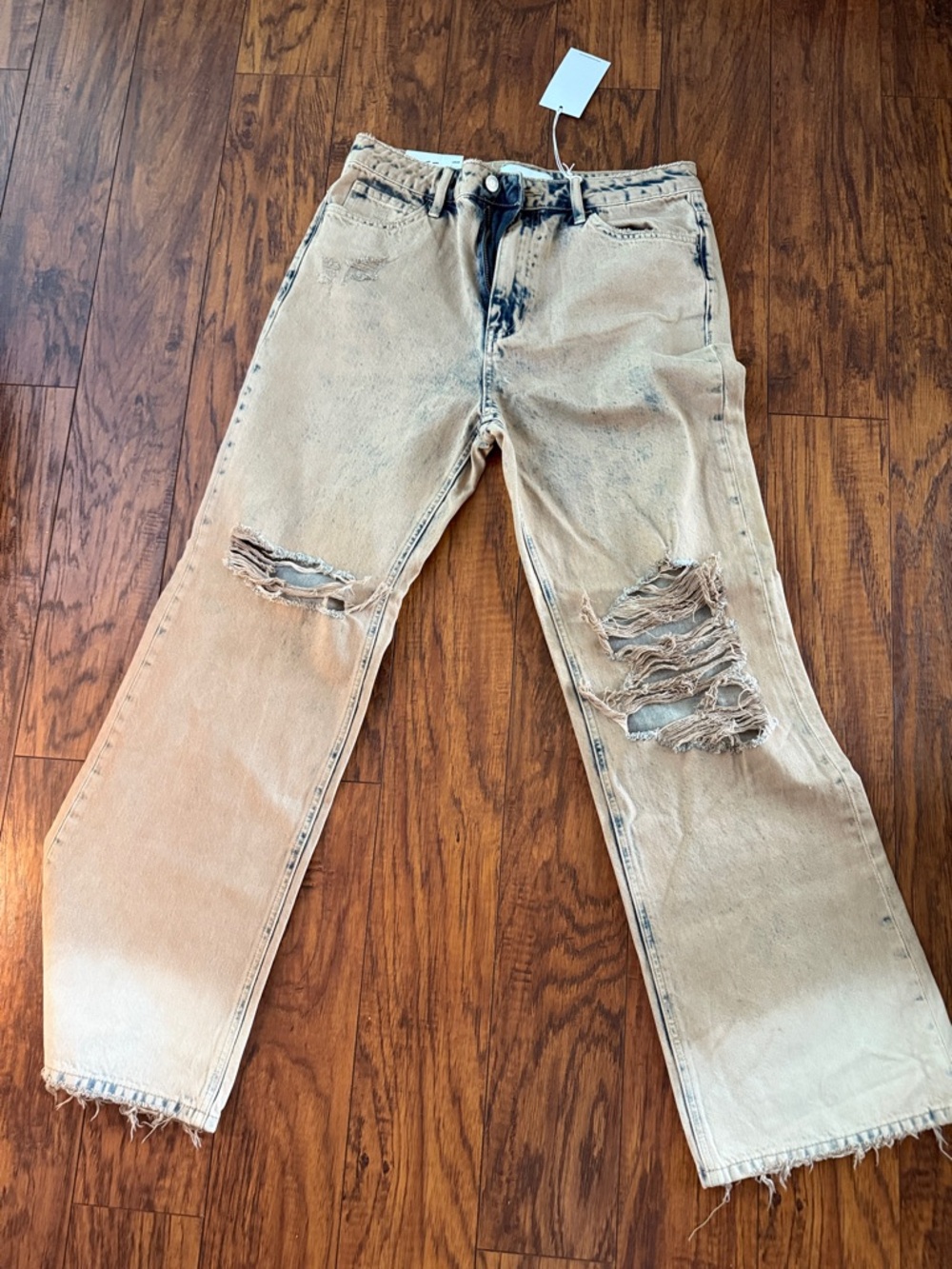 Straight-Leg Distressed Beige Women's Jeans